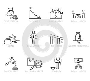 Set of black and white bankruptcy icons