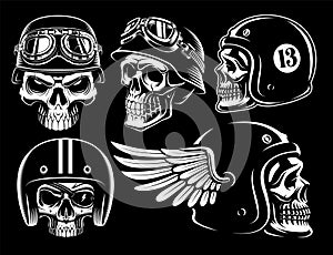 Set of black and white biker skulls