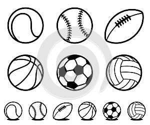 Set of black and white cartoon sports ball icons