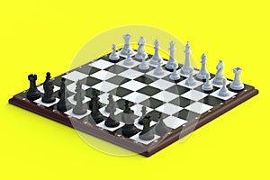 Set of black and white chess figures on chess board. Table games. International tournament