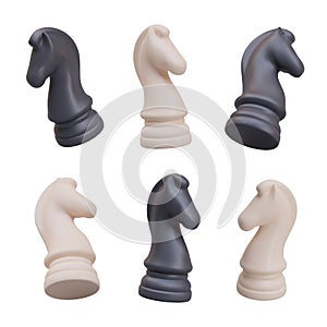 Set of black and white chess knights. Realistic game figures in different positions