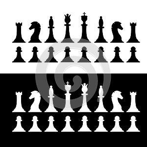 Set of black and white chess pieces. Chess strategy and tactic. Vector illustration