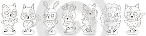 Set of black and white cute cartoon forest animals dressed in sweaters and scarves ice skating. Outline children`s isolated clipar