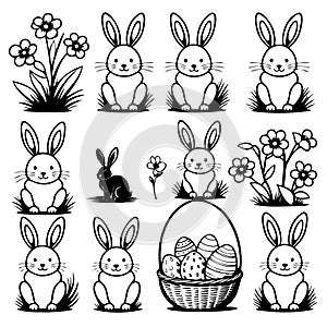 A set black and white drawings of rabbits and flowers