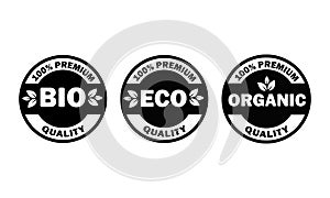 Set of black and white Eco, Bio, Organic stickers, labels, badges and logos.