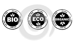 Set of black and white Eco, Bio, Organic stickers, labels, badges and logos.