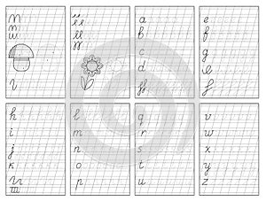 Set of black and white educational pages on oblique line with English alphabet letters for kids.