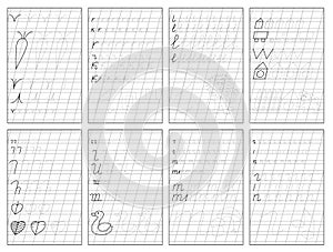 Set of black and white educational pages on oblique line for kids. Printable worksheet for children textbook.