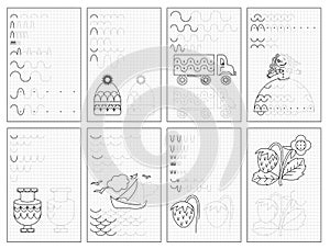 Set of black and white educational pages on square paper for kids. Printable worksheet for children textbook.