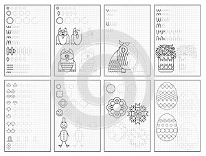 Set of black and white educational pages on square paper for kids. Printable worksheet for children textbook.