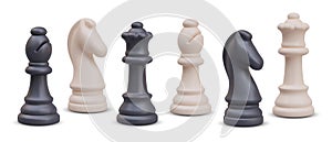 Set of black and white equivalent chess pieces. Realistic queen, bishop, knight