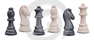Set of black and white equivalent chess pieces. Realistic queen, bishop, knight photo