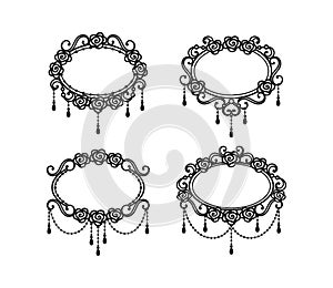 Set of black and white exquisite vintage frames with roses and beads