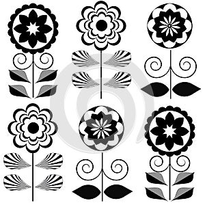 Set of black and white floral as seamless pattern. Flowers design as background.