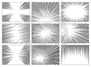 Set of black and white, gray radial lines comics style background. Manga action, speed abstract. Vector illustration
