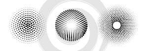 Set of black and white halftone radial patterns. Dotty vector circles