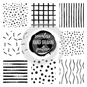 Set black and white hand draw vector seamless patterns Strip, Grid, Polka Dot