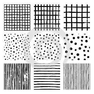 Set black and white hand draw vector seamless patterns Stripe Strip, Grid, Polka Dot