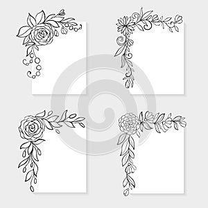 Set of black and white hand drawn corner floral borders.