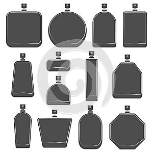 Set of black and white illustration with bottle of perfume spray. Isolated vector object.