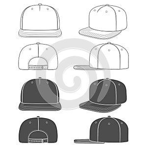 Set of black and white illustration of a snapback, rapper cap with a flat visor. Isolated objects.