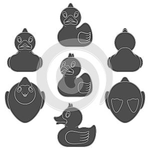 Set of black and white illustration with a toy rubber duck. Isolated vector objects.