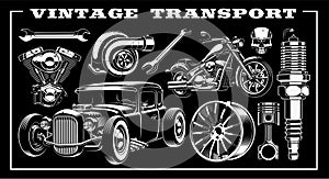 Set of black and white illustration of vintage transportation