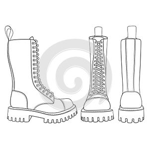 Set of black and white illustrations with boots, high boots with laces. Isolated vector objects on white.