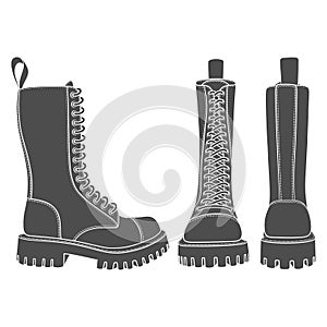 Set of black and white illustrations with boots, high boots with laces. Isolated vector objects on white.