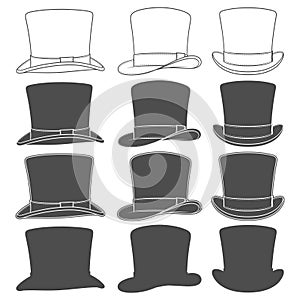 Set of black and white illustrations with classic top hat. Isolated vector objects.