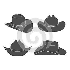 Set of black and white illustrations with cowboy hat. Isolated vector objects.