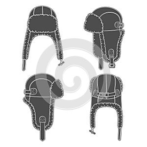 Set of black and white illustrations with flying cap with earflaps. Isolated vector objects.