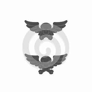 Set of black and white illustrations with a grunge texture skull, wrenches, crossed pistons, wings on a white background.