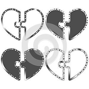 Set of black and white illustrations with heart sign made from puzzle pieces. Isolated vector objects.