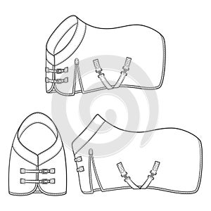 Set of black and white illustrations with horse blanket, horsecloth. Isolated vector objects.