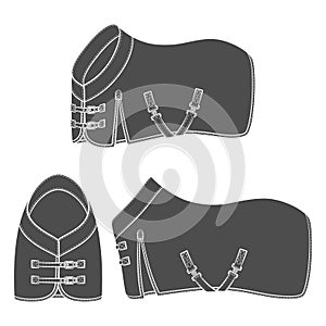 Set of black and white illustrations with horse blanket, horsecloth. Isolated vector objects.