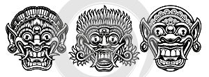 A set of black and white illustrations of traditional Indonesian masks photo