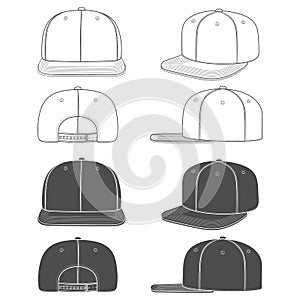 Set of black and white images of a rapper cap with a flat visor, snapback. Isolated objects.