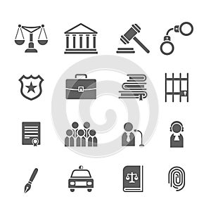 Set of black and white law and justice icons. Judge, gavel, lawyer, scales court, jury, sheriffs, star, law books