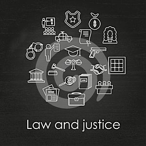 Set of black and white law and justice linear icons