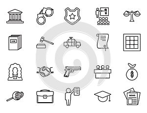 Set of black and white law and justice linear icons