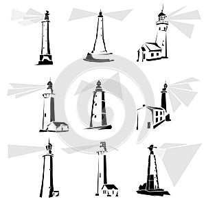 Set of black and white lighthouse icons.