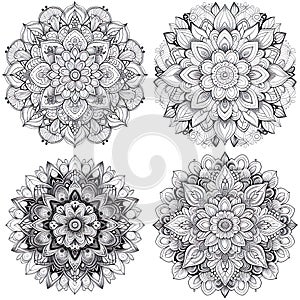 A set of black and white mandala patterns. Coloring book for adults.AI generated