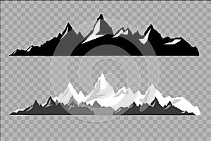 Set of black and white mountain silhouettes.Background border of rocky mountains.Vector illustration.