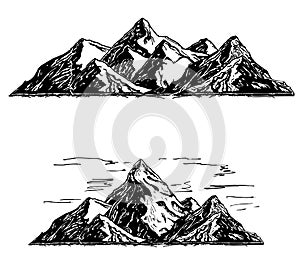 Set of black and white mountain. Silhouettes of the mountains, highlands, rocky landscapes, hills on white background