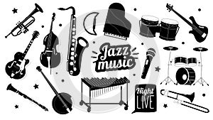 Set Of Black and White Musical Jazz Instruments Saxophone, Trumpet, Piano, Double Bass, Drum Kit, And Clarinet, Banjo
