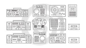 Set of black and white old retro vintage hipster musical electronics equipment: audio cassette recorder with magnetic tape, dj