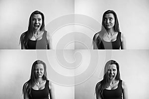 Set of black and white photo of young woman`s portraits with different emotions. Young beautiful cute girl showing