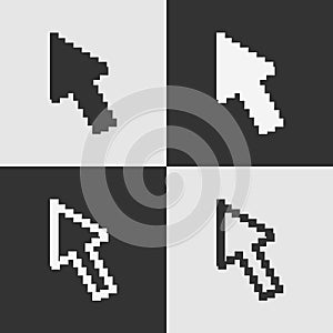 Set of black and white pixel arrow cursor icon isolated on background. Modern flat pictogram intern