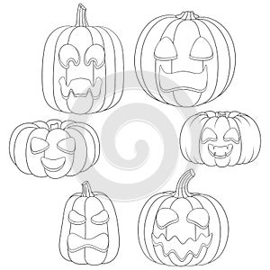 Set of black and white pumpkins with faces for Halloween. Isolated vector objects.